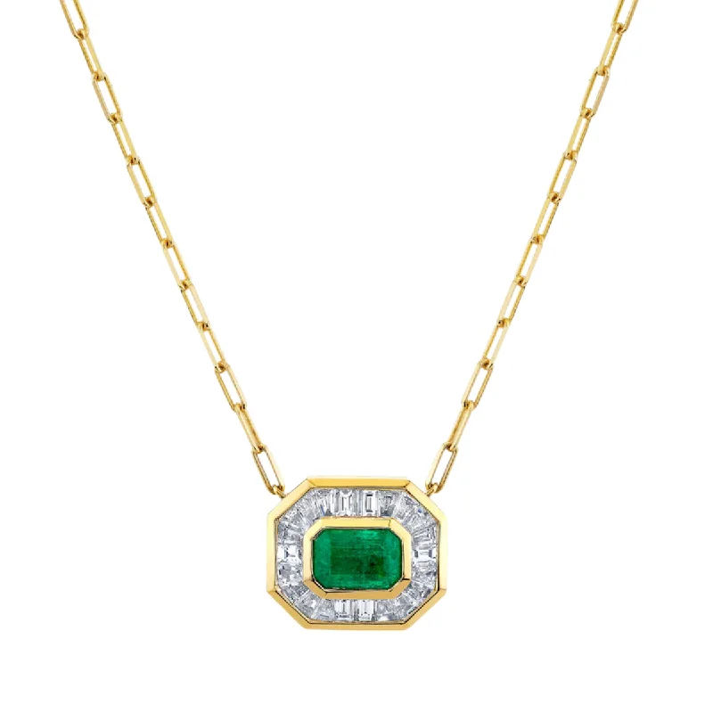 beach necklaces for women-READY TO SHIP EMERALD & DIAMOND HALO MINI DECO PENDANT NECKLACE