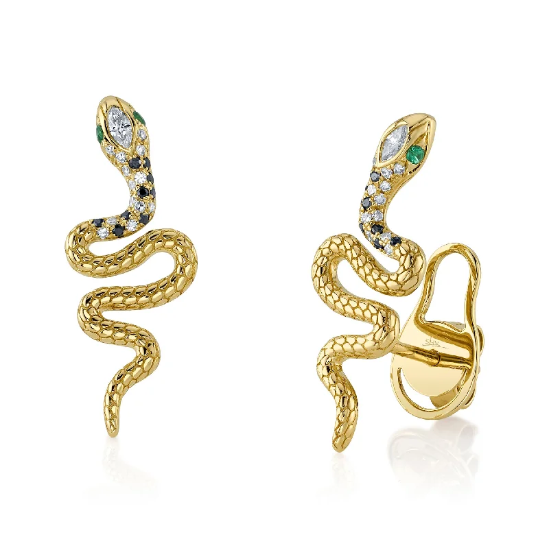 gold stud earrings for women-Yellow Gold Diamond Emerald Snake Stud Earrings