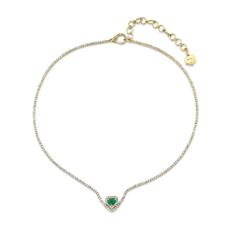 delicate necklaces for women-EMERALD & DIAMOND FLOATING HEART PAVE THREAD NECKLACE