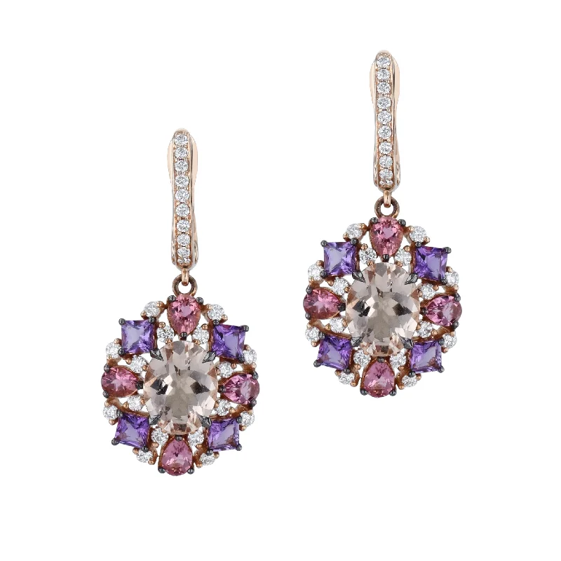 simple earrings for women-Amethyst Diamond Morganite Tourmaline Rose Gold Drop Earrings