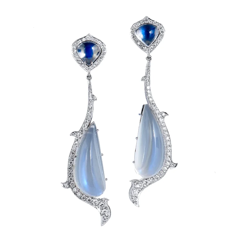 gold leaf earrings for women-18kt White Gold Moonstone and Diamond Drop Earrings