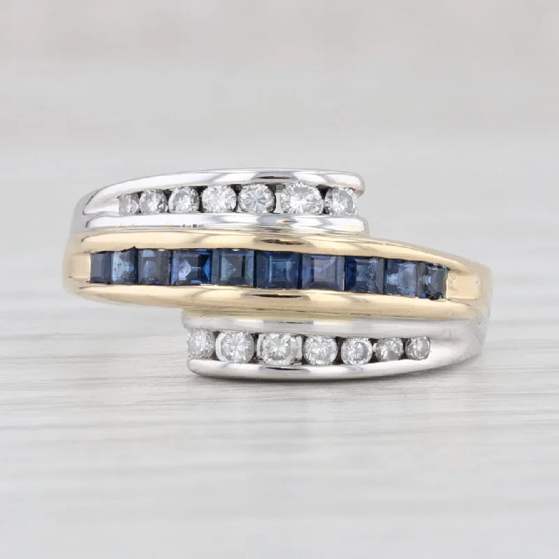 vintage-style solitaire engagement rings for women-0.70ctw Blue Sapphire Diamond Bypass Ring 14k Yellow White Gold Size 5.75 Band