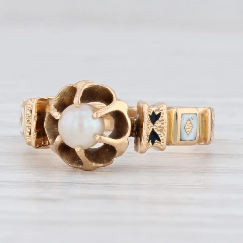 contemporary engagement rings for women-Victorian Pearl Solitaire Ring 18k Yellow Gold Size 3.75 Antique Enamel Floral