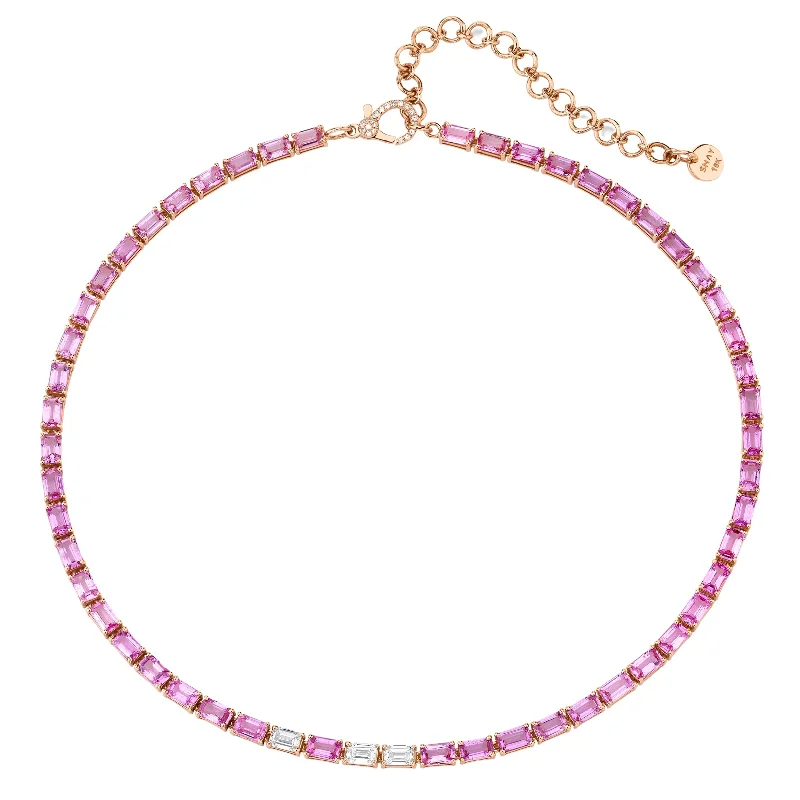 diamond pendant necklaces for women-READY TO SHIP PINK SAPPHIRE & DIAMOND TENNIS NECKLACE