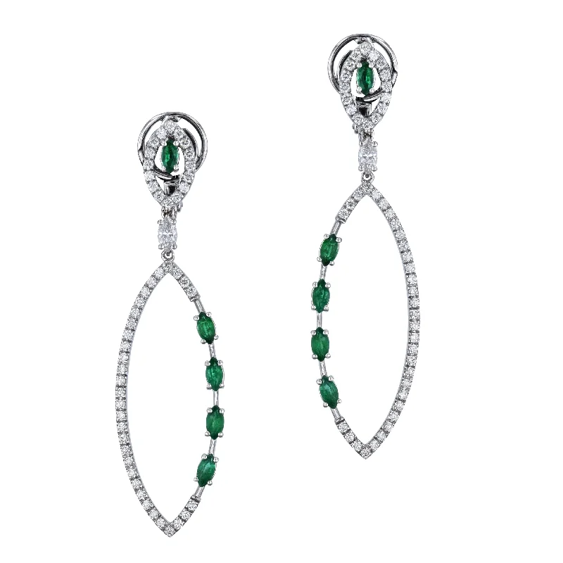 crescent earrings for women-Emerald and Diamond White Gold Dangle Earrings