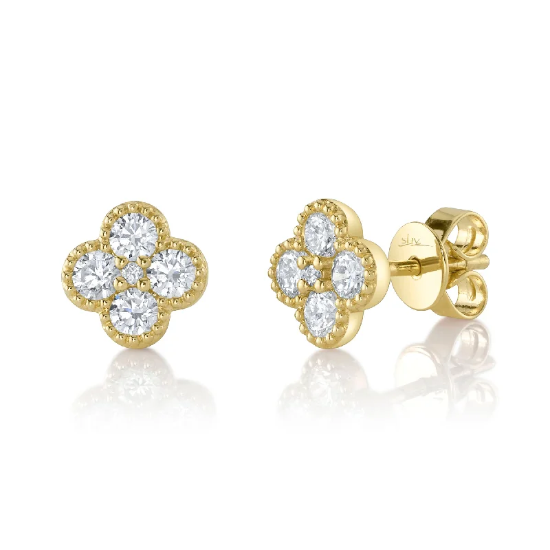 elegant earrings for women-Yellow Gold Diamond Clover Stud Earring