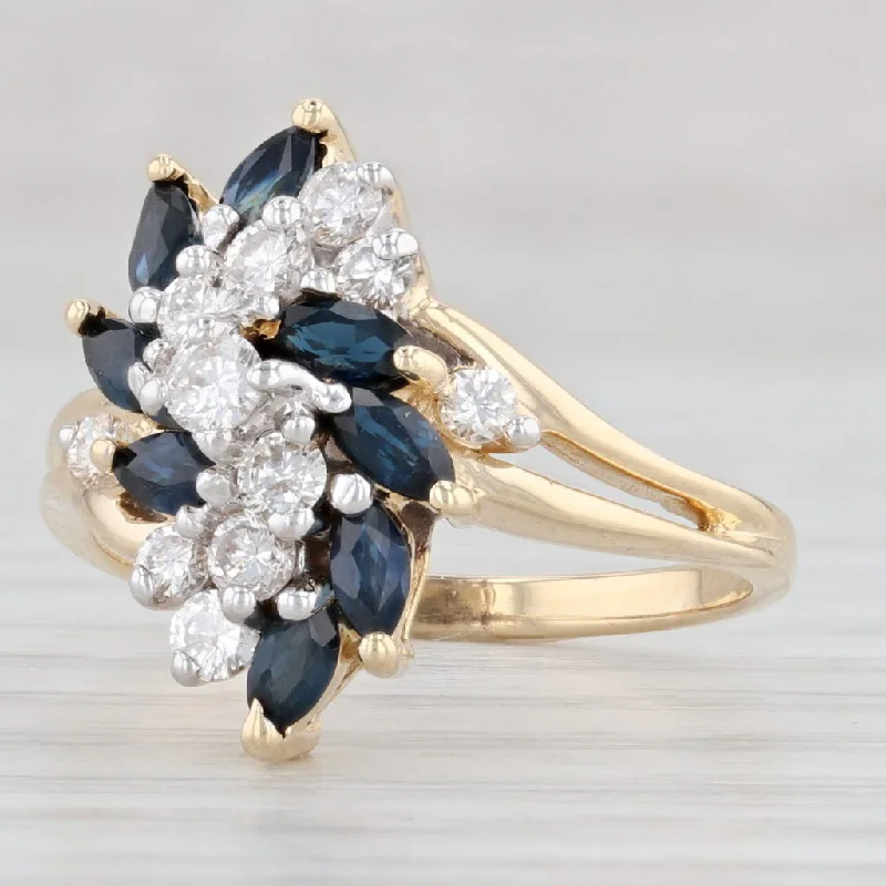 contemporary engagement rings for women-1.14ctw Blue Sapphire Diamond Cluster Ring 14k Yellow Gold Size 6.5 Bypass