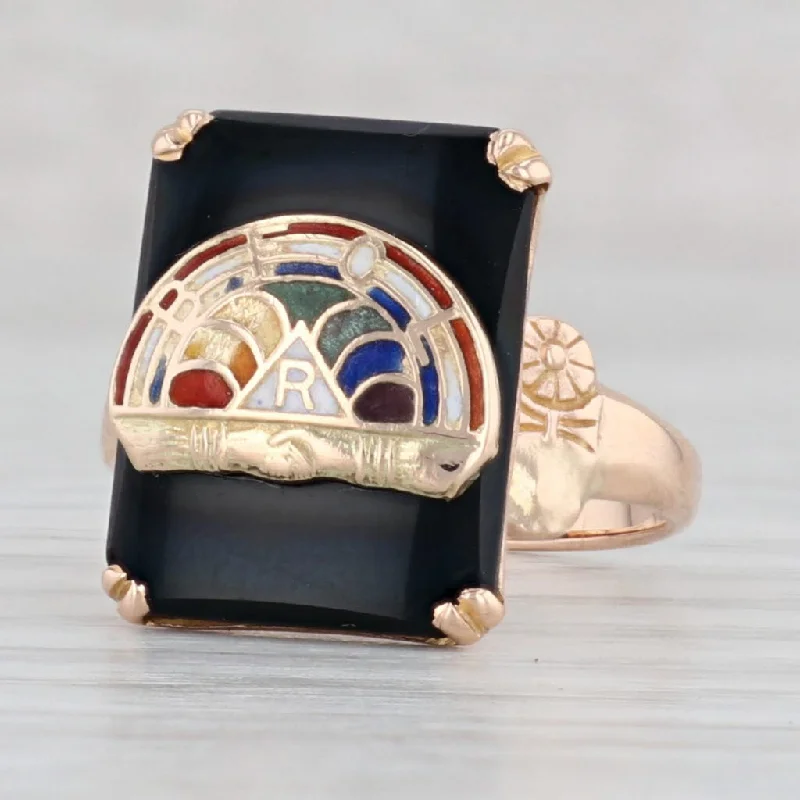 affordable engagement rings for women-Vintage Onyx Rainbow Girls Signet Ring 10k Yellow Gold Size 6.5 Masonic Youth