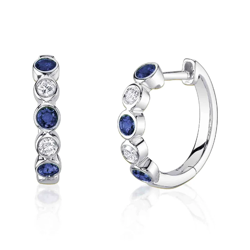 bridal earrings for women-White Gold Diamond Sapphire Huggie Hoop Earrings