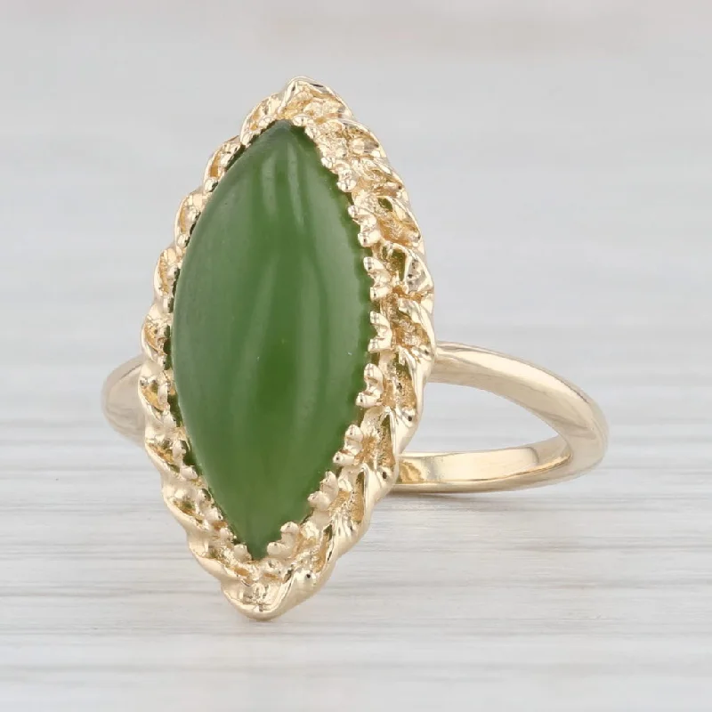 simple engagement rings for women-Vintage Green Serpentine Ring 14k Yellow Gold Sz 4.5 Marquise Cabochon Solitaire