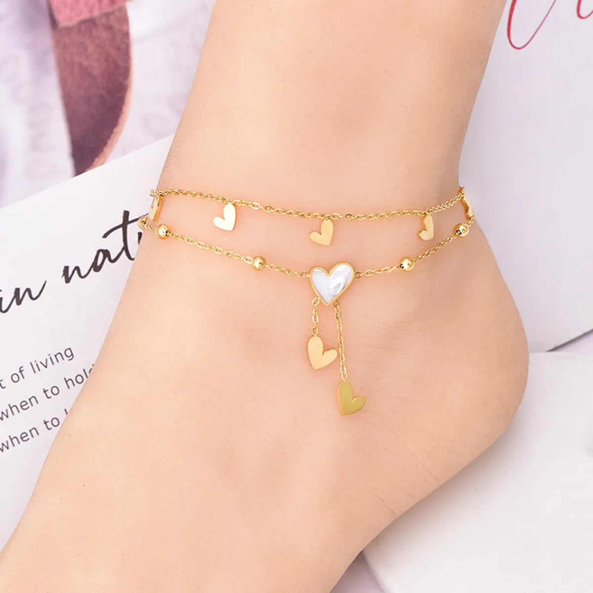 trendy bracelet for women-Fashion Heart Shape Stainless Steel Layered Inlay Shell 18k Gold Plated Platinum Plated Women's Anklet