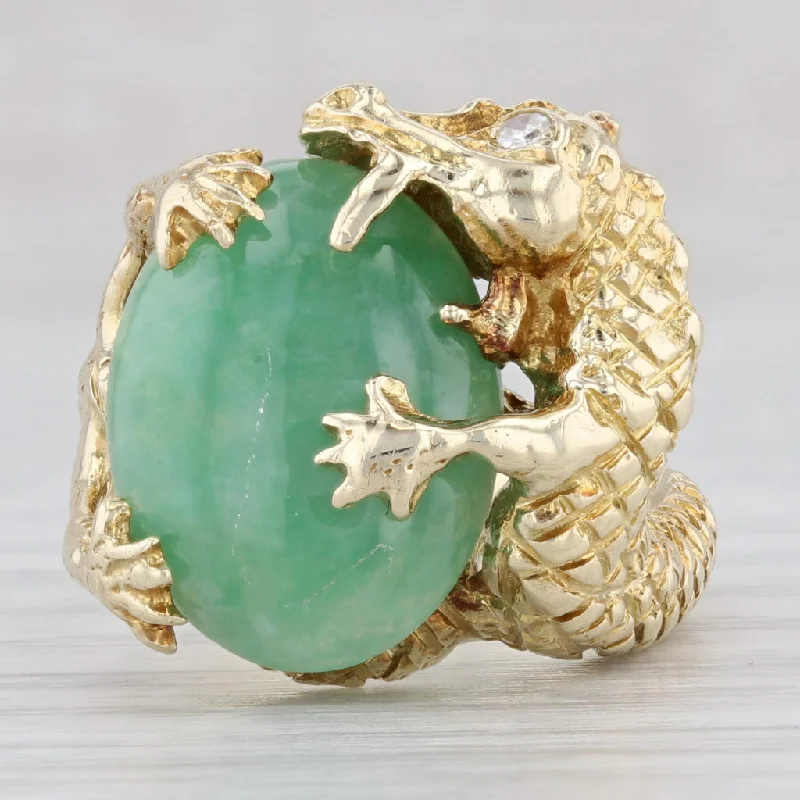 engagement rings with rose gold bands for women-Green Jadeite Jade Diamond Dragon Ring 14k Yellow Gold Size 6.5