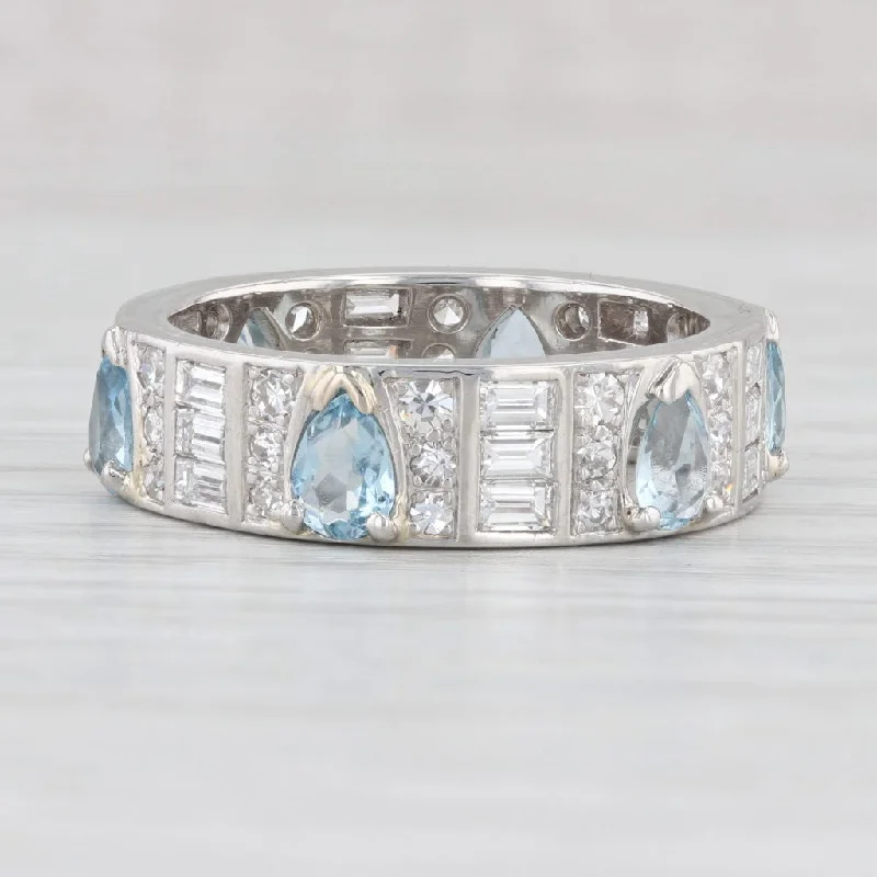 oval engagement rings for women-Vintage 3.03ctw Aquamarine Diamond Platinum Eternity Ring Size 9 Band