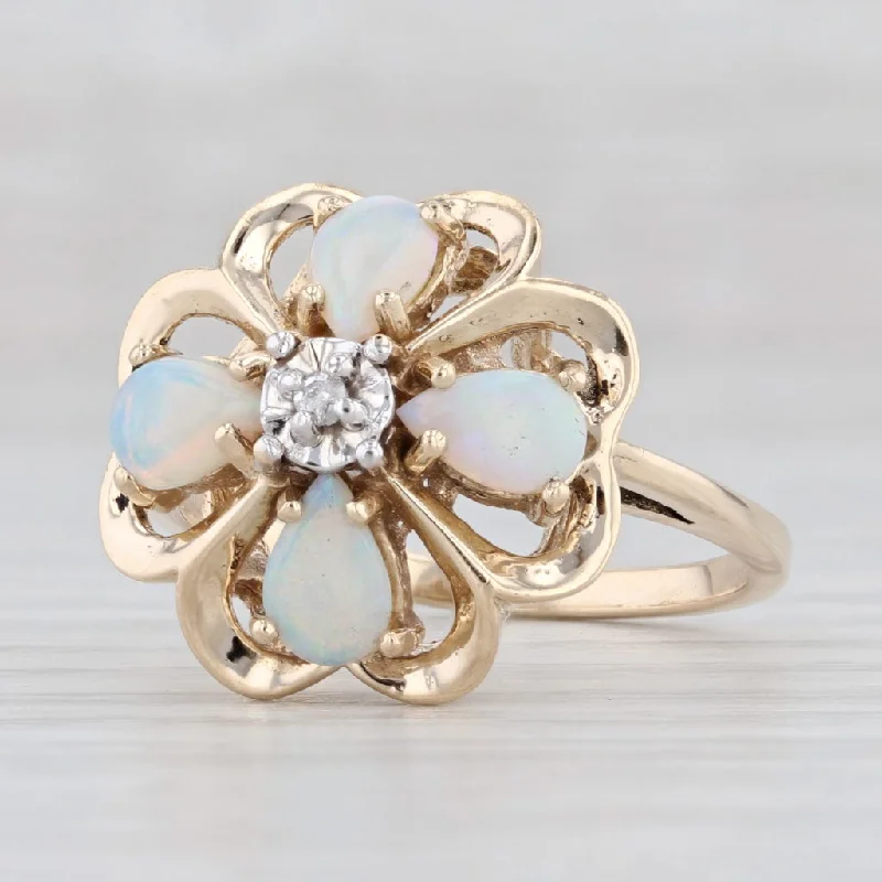 designer engagement rings for women-0.80ctw Opal Diamond Shamrock Ring 14k Yellow Gold 4-Leaf Clover Cocktail