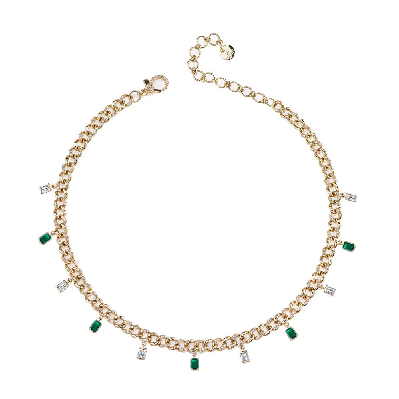 chic necklaces for women-DIAMOND & EMERALD BAGUETTE DROP LINK NECKLACE