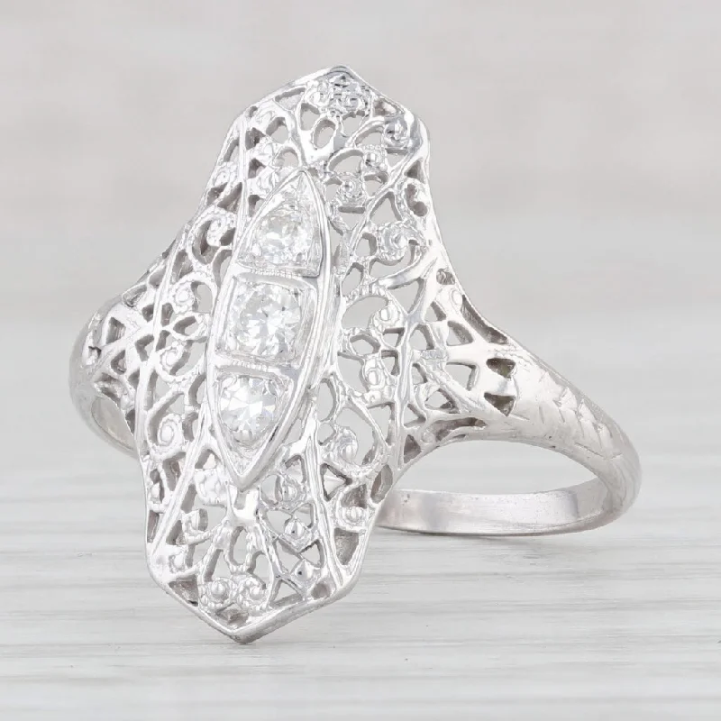 princess-cut diamond engagement rings for women-Vintage 0.12ctw Diamond 3-Stone Filigree Ring 18k White Gold Size 9.5