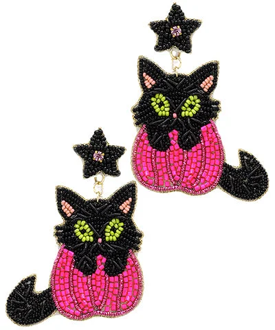 trendy drop earrings for women-Halloween Cat & Pumpkin Earrings