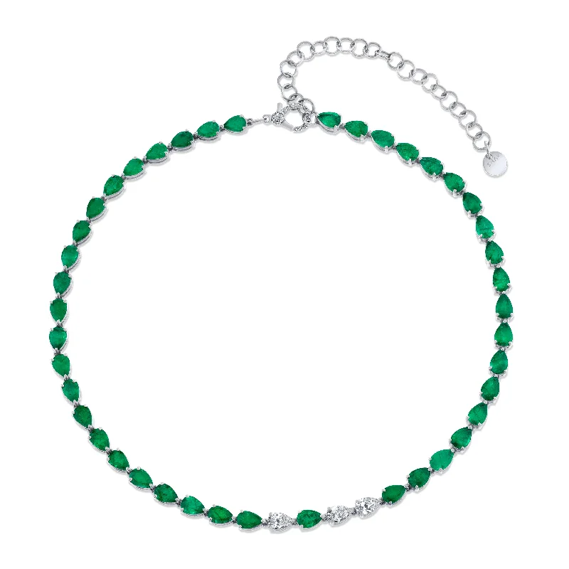 retro necklaces for women-EMERALD & DIAMOND PEAR DROP NECKLACE