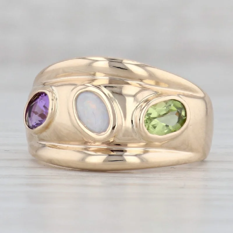 three-stone engagement rings for women-3-Stone Amethyst Opal Peridot Ring 14k Yellow Gold Size 8