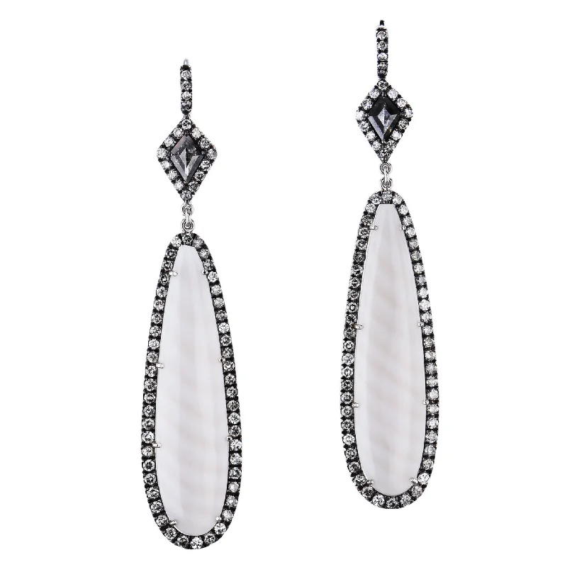 black diamond earrings for women-White Striped Chalcedony Drop Earrings