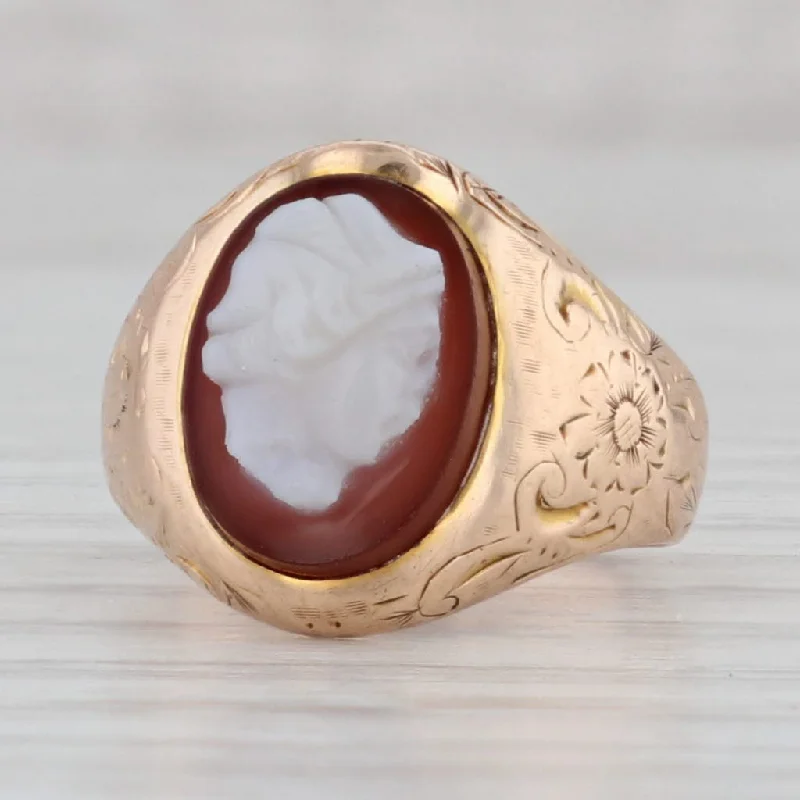 pink sapphire engagement rings for women-Antique Sardonyx Cameo Ring 10k Yellow Gold Size 3.5 Ornate Floral Signet