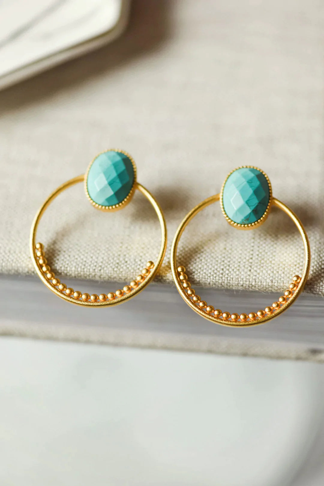 minimalist gold earrings for women-Tatum James- Melissa Forward Facing Hoop- Natural Turquoise