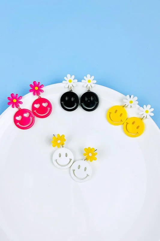 onyx earrings for women-Smiley Face and Flower Acrylic Earrings