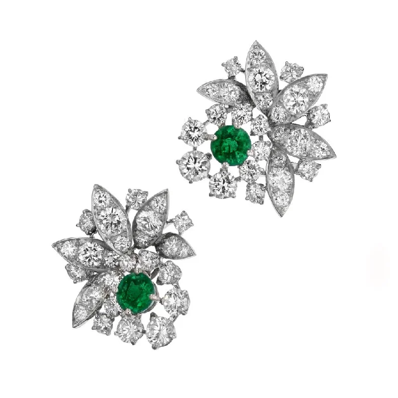 stylish hoop earrings for women-Zambian Emeralds Platinum Diamond Estate Earrings