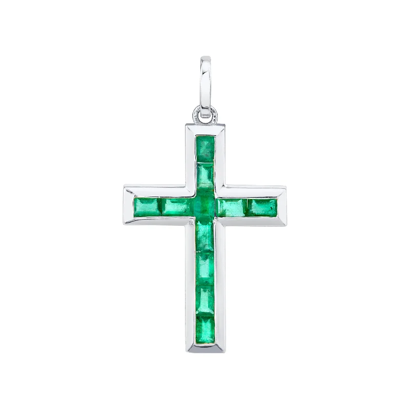 modern necklaces for women-EMERALD BAGUETTE CROSS PENDANT