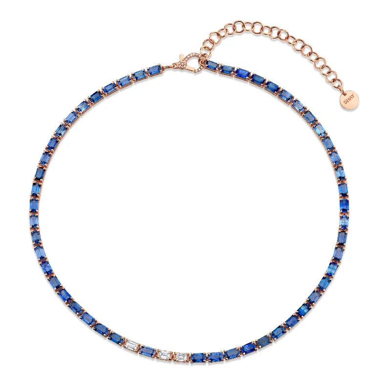 modern necklaces for women-BLUE SAPPHIRE & DIAMOND TENNIS NECKLACE