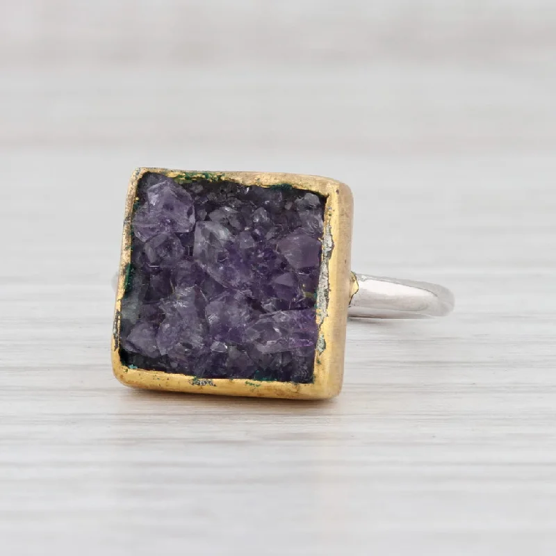 engagement rings with colored stones for women-New Nina Nguyen Amethyst Druzy Ring Sterling Silver 22k Gold Vermeil Size 7