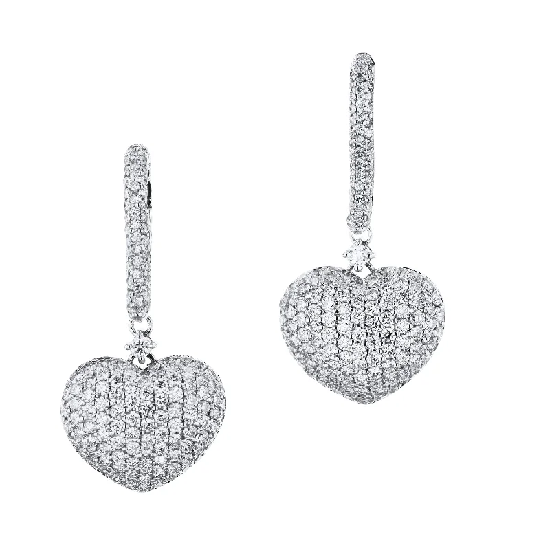 sterling silver drop earrings for women-White Gold Heart Diamond Pave Drop Earrings