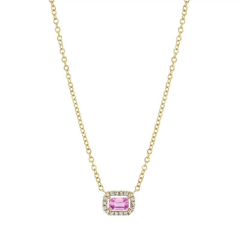 delicate pendant necklaces for women-PINK SAPPHIRE & DIAMOND MINI HALO PENDANT NECKLACE