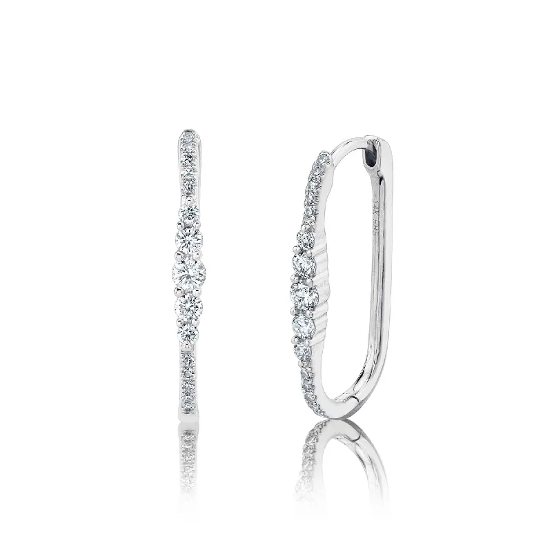 square earrings for women-White Gold Diamond Pave Oval Hoop Earrings