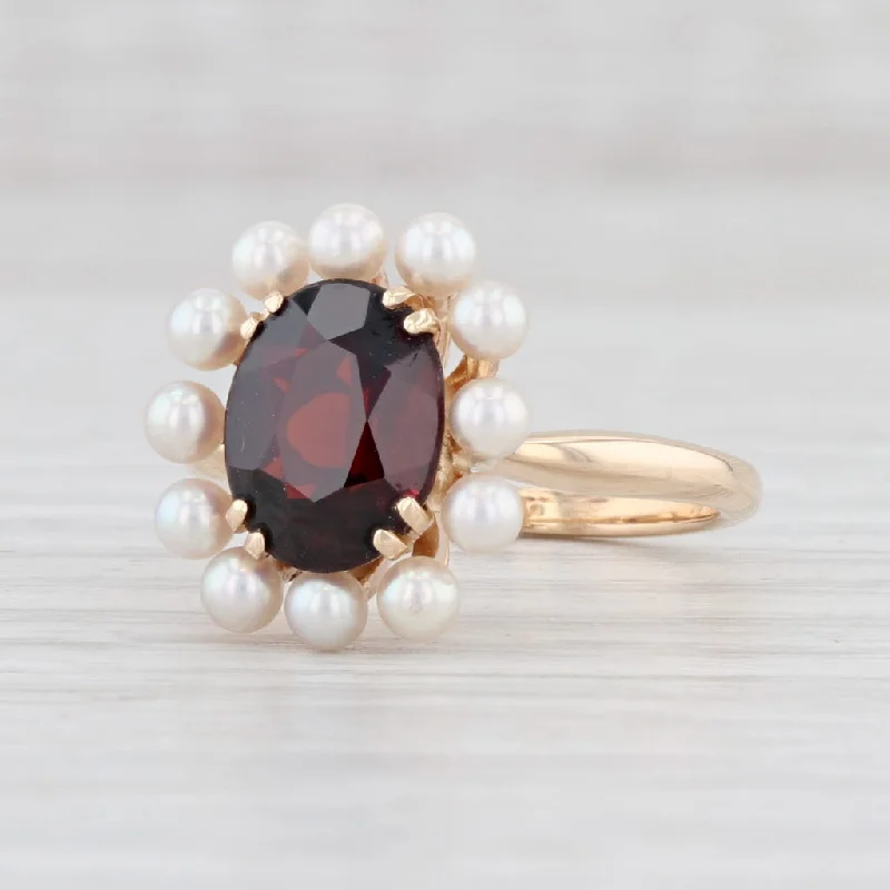 romantic engagement rings for women-Church & Co Garnet Pearl Halo Ring 14k Yellow Gold Size 6.5 Oval Solitaire