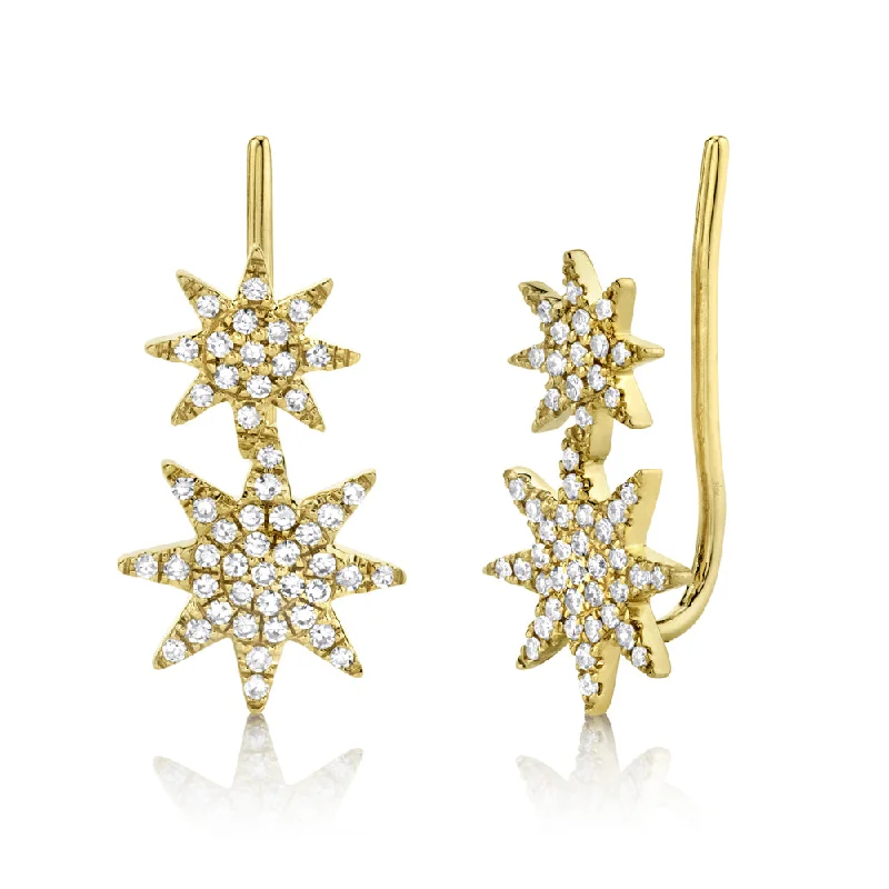 modern earrings for women-Yellow Gold Diamond Pave Star Ear Crawler Earring