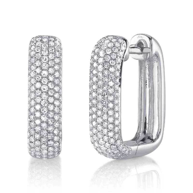 unique drop earrings for women-White Gold Pave Diamond Rectangular Hoop Earrings