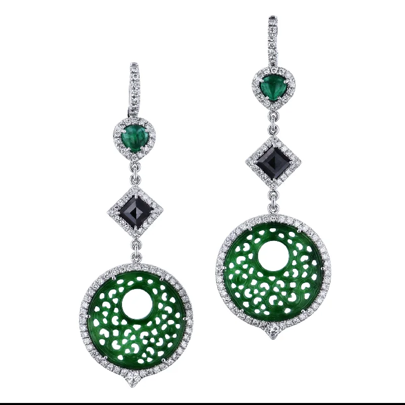 bridal drop earrings for women-Jadeite And Emerald Modern Dangle Earrings