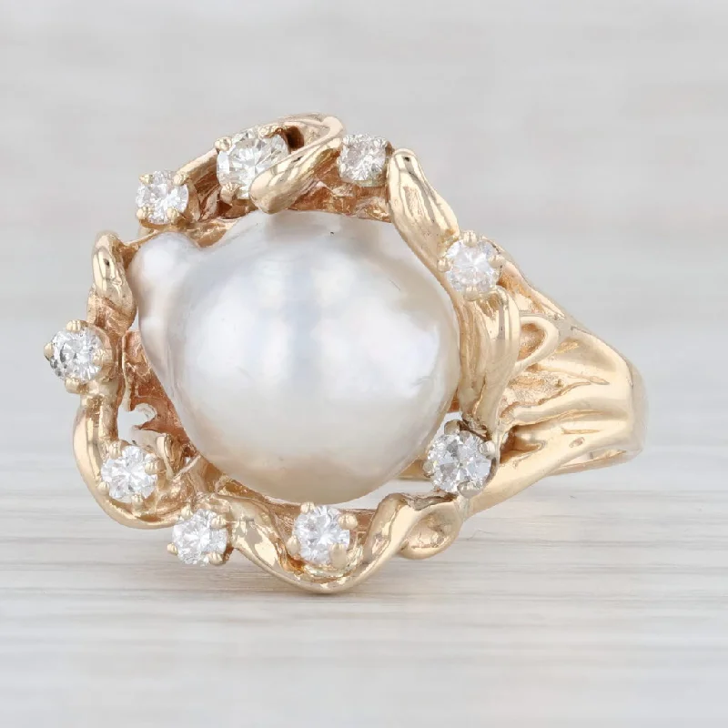 rose gold engagement rings for women-Baroque Cultured Pearl Diamond Halo Ring 14k Yellow Gold Size 10.25 Cocktail