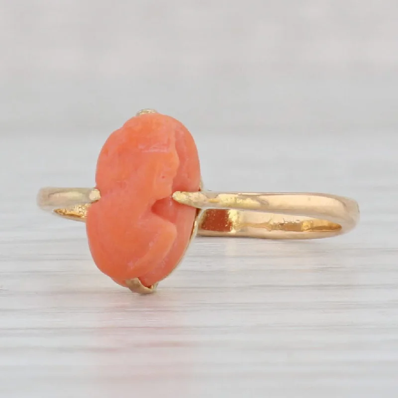 engagement rings with rose gold bands for women-Antique Carved Coral Cameo Ring 18k Yellow Gold Size 8.25