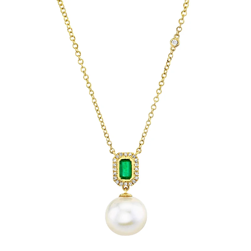 floral necklaces for women-READY TO SHIP PEARL & EMERALD HALO DROP NECKLACE