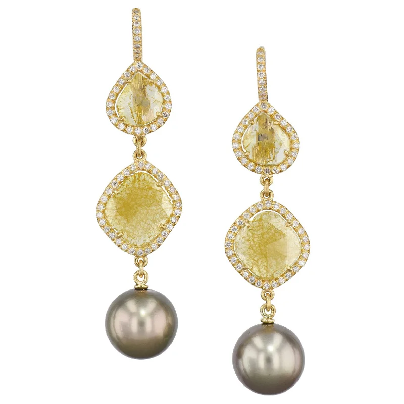 silver hoop earrings for women-Handmade Yellow Diamond Slice Earrings With Tahitian Pearls