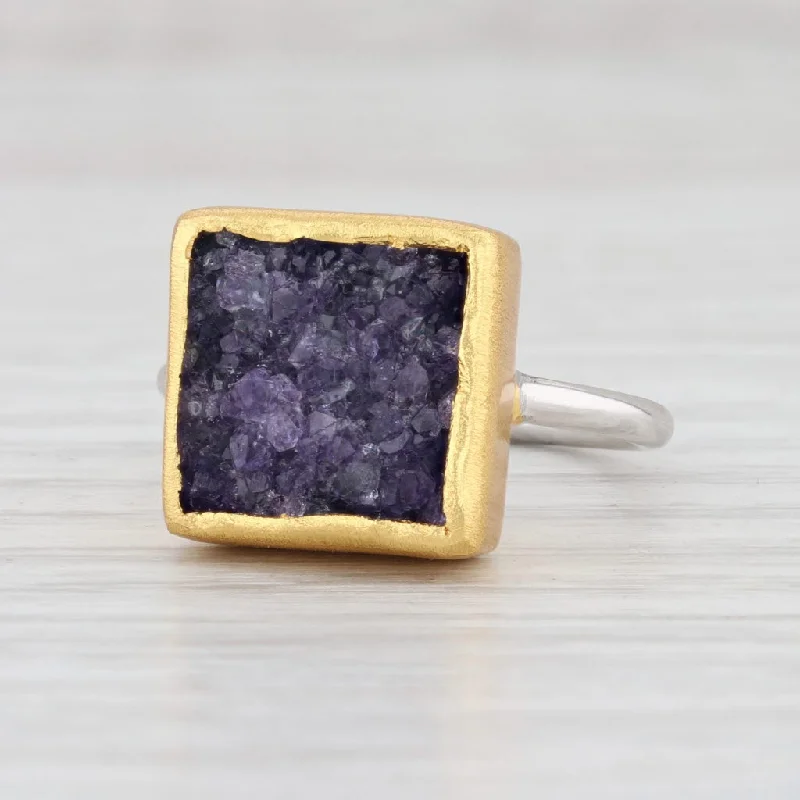 cushion cut engagement rings for women-New Nina Nguyen Druzy Quartz Amethyst Ring Sterling Silver 22k Gold Vermeil Sz 7