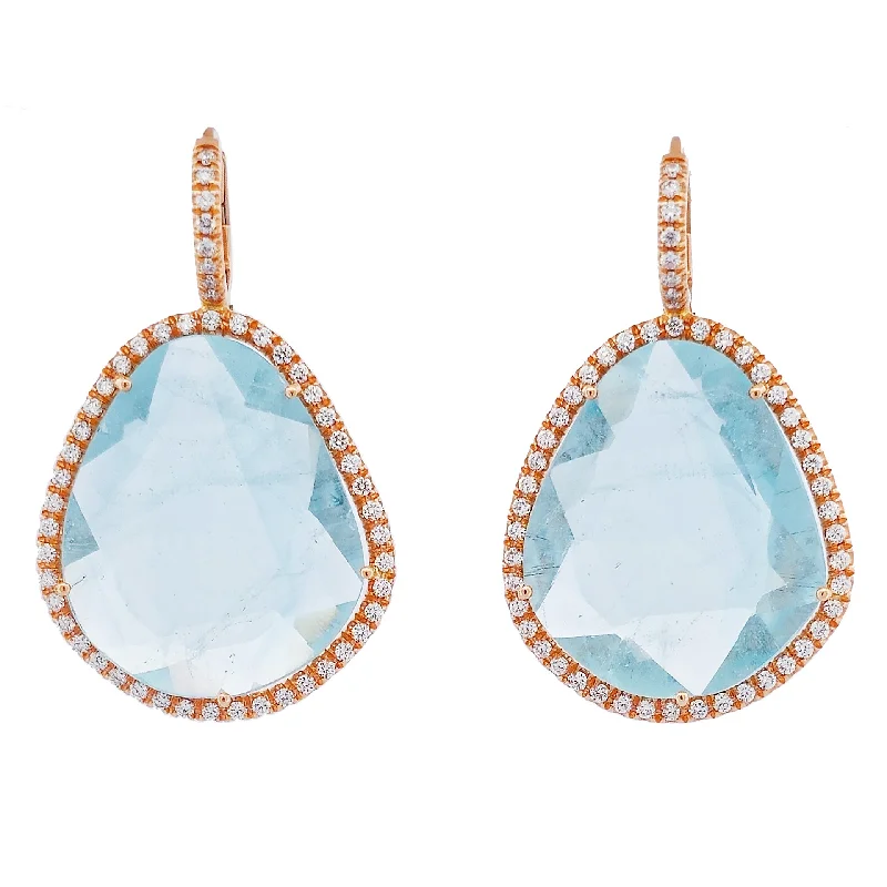 statement earrings for women-Blue Topaz Rose Gold Diamond Pave Drop Earrings