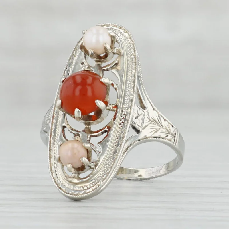 platinum engagement rings for women-Edwardian Cultured Pearl Carnelian Ring 14k White Gold Size 6.75 Antique Floral