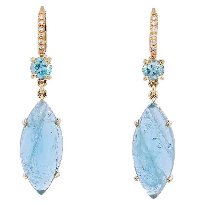 silver earrings for women-Aquamarine Cabochon and Blue Zircon Yellow Gold Diamond Pave Drop Earrings