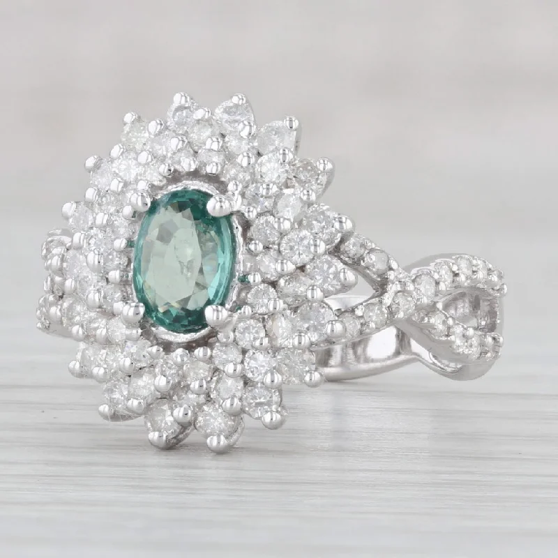 colorful gemstone engagement rings for women-1.74ctw Green Alexandrite Diamond Cluster Ring 14k White Gold Size 8.25