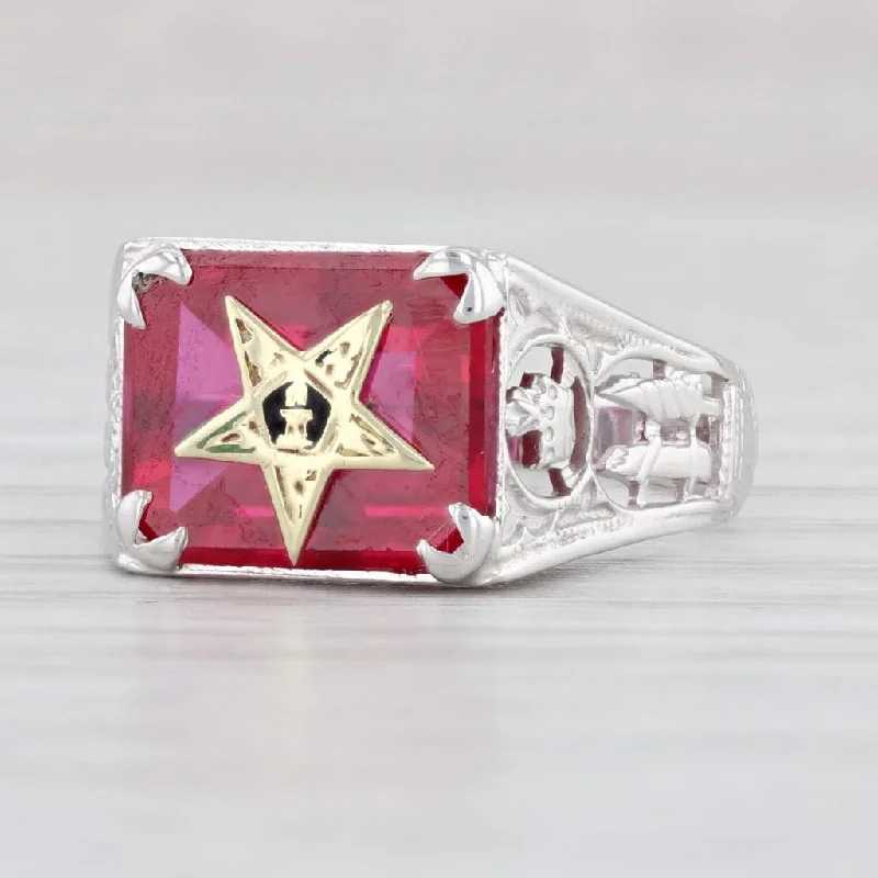 halo engagement rings for women-Ornate Order Eastern Star Synthetic Ruby 14k White Gold Size 5.5 Masonic