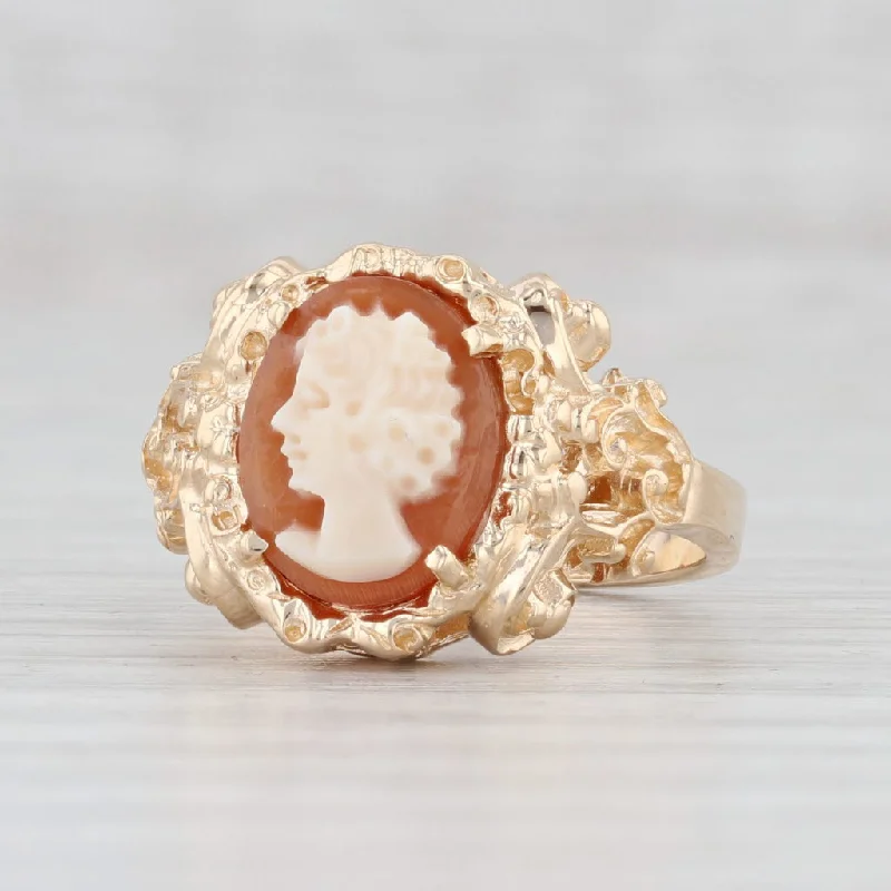 romantic engagement rings for women-Richard Glatter Cameo Ring 14k Yellow Gold Size 5 Floral Ornate Carved Shell