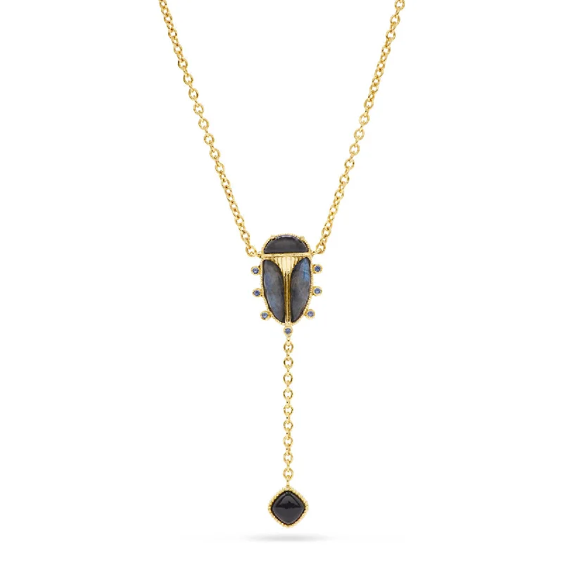 trendy necklaces for women-Scarab Lariat Necklace, 18"+2" - Blue Labradorite/Black Agate